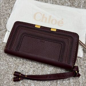 Chloé Maroon Leather Zip Around Wallet Wristlet with Gold Hardware